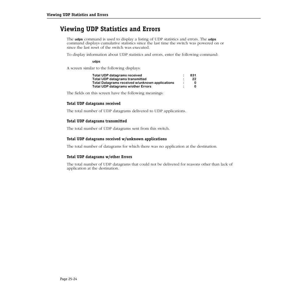 Viewing udp statistics and errors, Viewing udp statistics and errors -24 | Alcatel Carrier Internetworking Solutions Omni Switch/Router User Manual | Page 746 / 1100