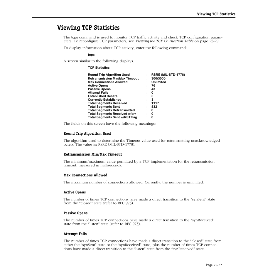 Viewing tcp statistics, Viewing tcp statistics -27 | Alcatel Carrier Internetworking Solutions Omni Switch/Router User Manual | Page 749 / 1100