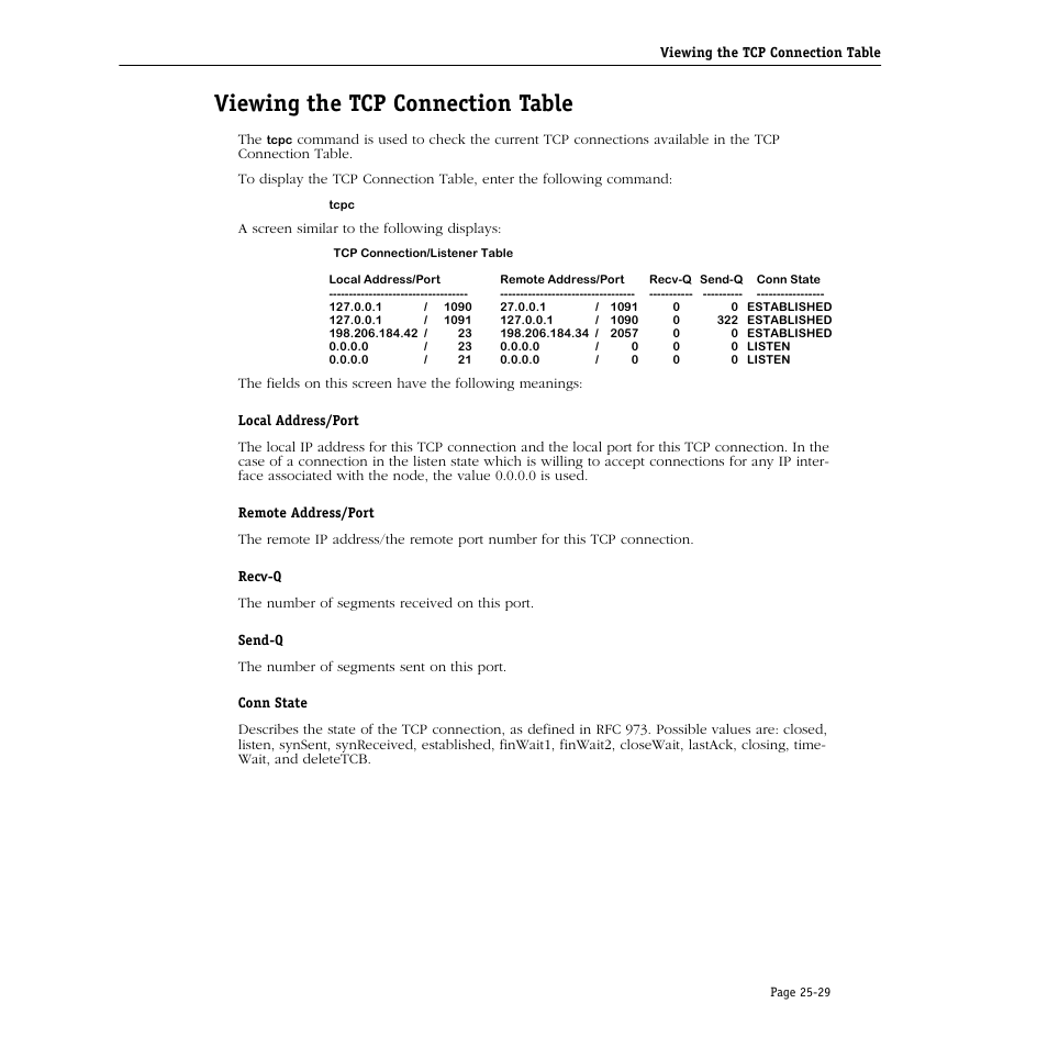 Viewing the tcp connection table, Viewing the tcp connection table -29 | Alcatel Carrier Internetworking Solutions Omni Switch/Router User Manual | Page 751 / 1100
