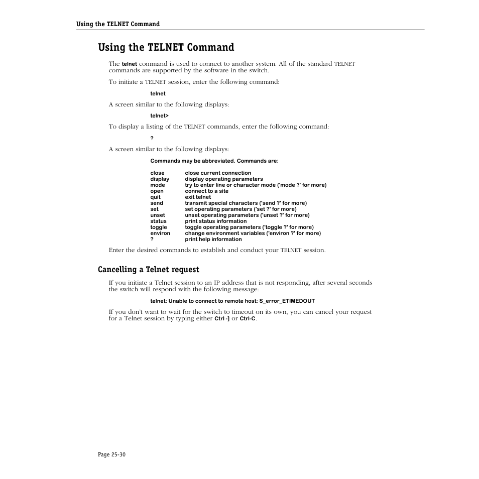 Using the telnet command, Cancelling a telnet request, Using the telnet command -30 | Cancelling a telnet request -30 | Alcatel Carrier Internetworking Solutions Omni Switch/Router User Manual | Page 752 / 1100
