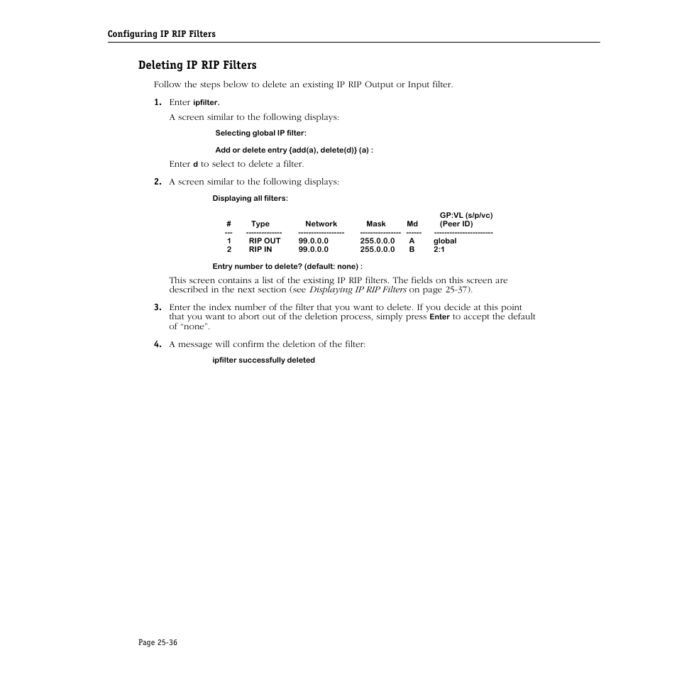 Deleting ip rip filters, Deleting ip rip filters -36 | Alcatel Carrier Internetworking Solutions Omni Switch/Router User Manual | Page 758 / 1100