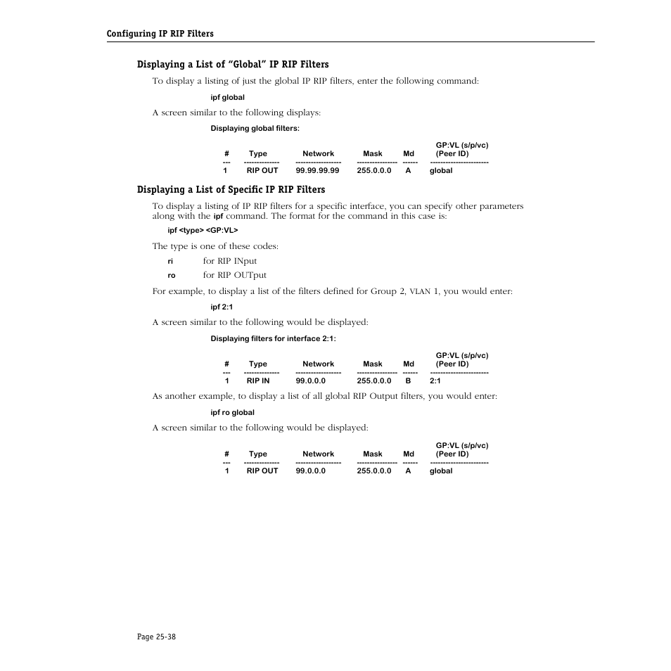 Displaying a list of “global” ip rip filters, Displaying a list of specific ip rip filters | Alcatel Carrier Internetworking Solutions Omni Switch/Router User Manual | Page 760 / 1100