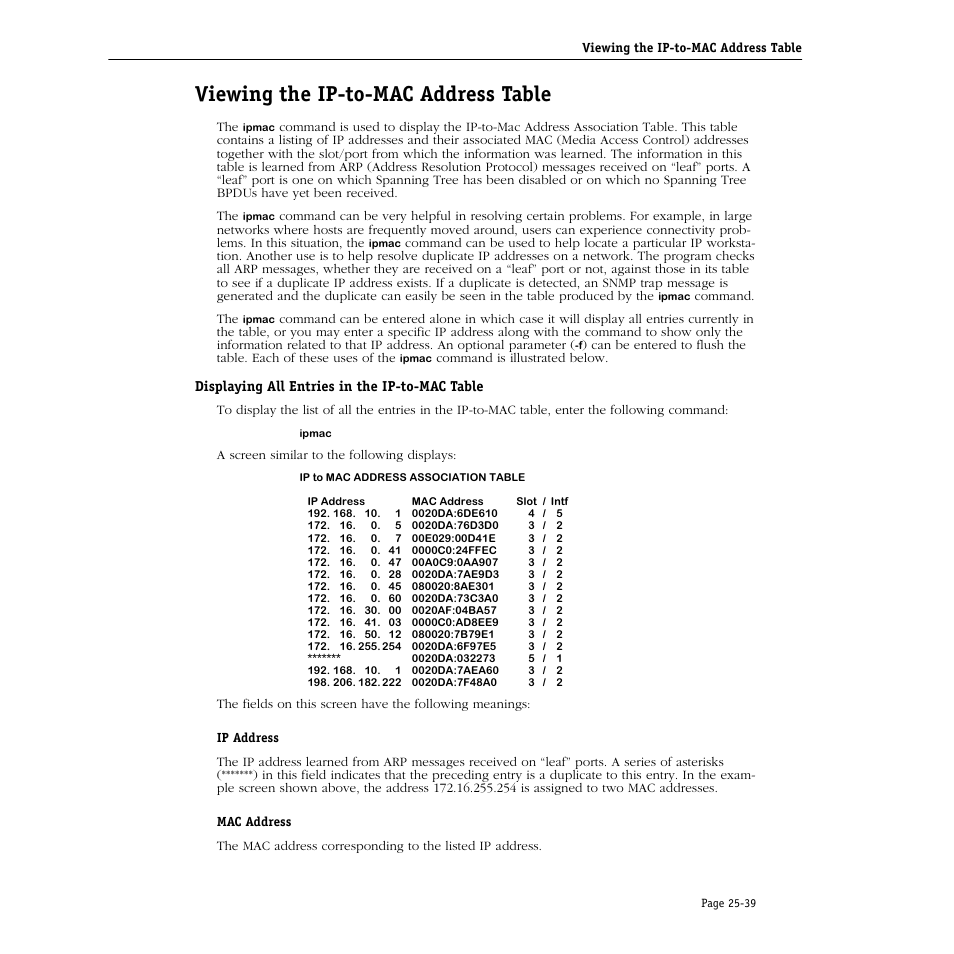 Viewing the ip-to-mac address table, Displaying all entries in the ip-to-mac table, Viewing the ip-to-mac address table -39 | Displaying all entries in the ip-to-mac table -39 | Alcatel Carrier Internetworking Solutions Omni Switch/Router User Manual | Page 761 / 1100
