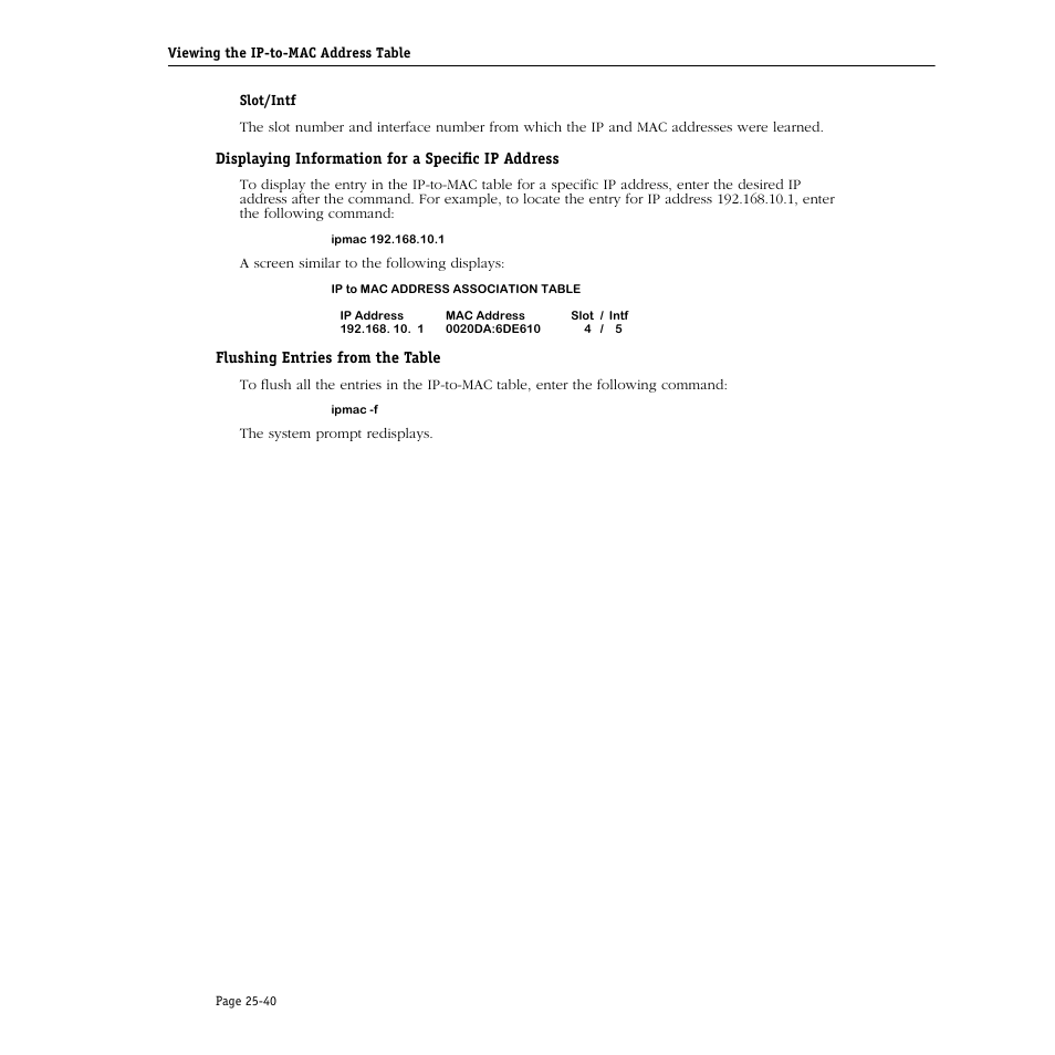 Displaying information for a specific ip address, Flushing entries from the table | Alcatel Carrier Internetworking Solutions Omni Switch/Router User Manual | Page 762 / 1100