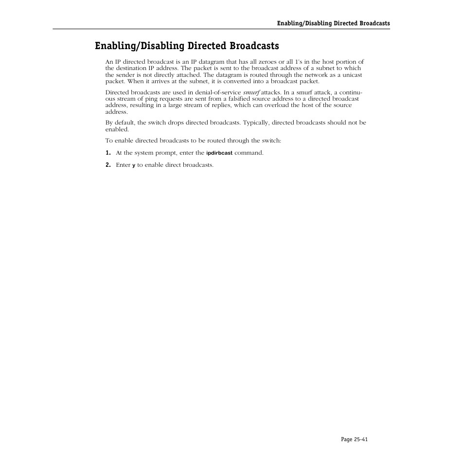 Enabling/disabling directed broadcasts, Enabling/disabling directed broadcasts -41 | Alcatel Carrier Internetworking Solutions Omni Switch/Router User Manual | Page 763 / 1100