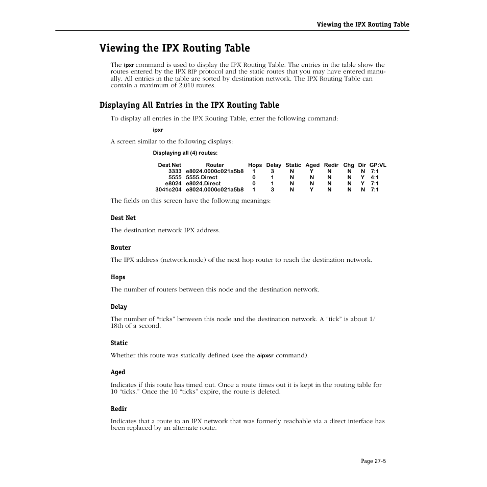 Viewing the ipx routing table, Displaying all entries in the ipx routing table, Viewing the ipx routing table -5 | Displaying all entries in the ipx routing table -5 | Alcatel Carrier Internetworking Solutions Omni Switch/Router User Manual | Page 793 / 1100