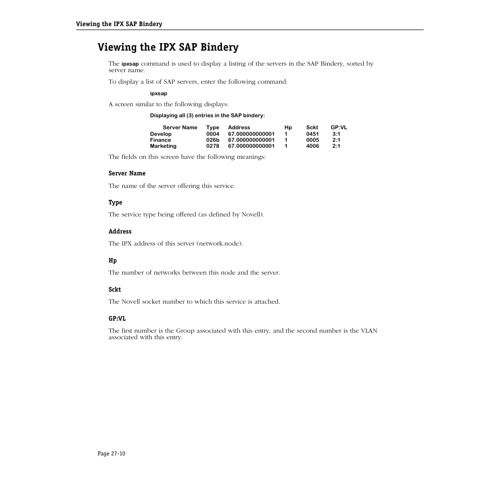 Viewing the ipx sap bindery, Viewing the ipx sap bindery -10 | Alcatel Carrier Internetworking Solutions Omni Switch/Router User Manual | Page 798 / 1100