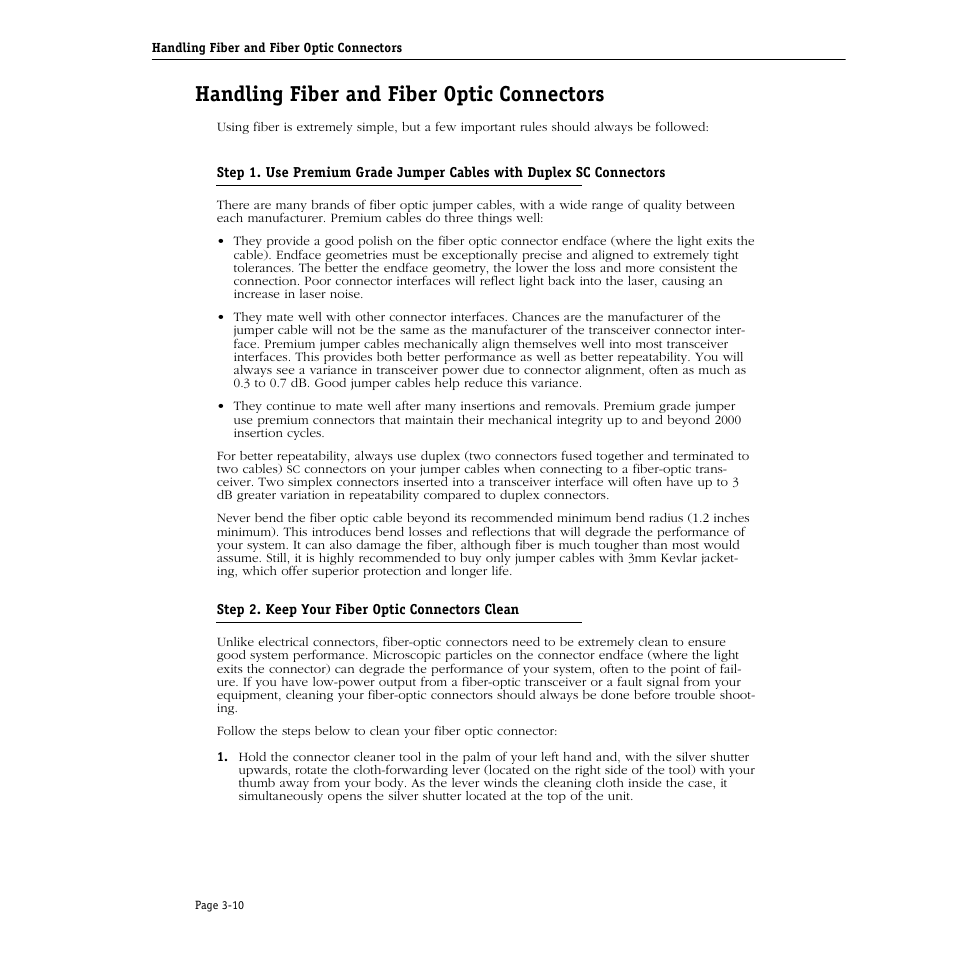 Handling fiber and fiber optic connectors, Handling fiber and fiber optic connectors -10 | Alcatel Carrier Internetworking Solutions Omni Switch/Router User Manual | Page 80 / 1100