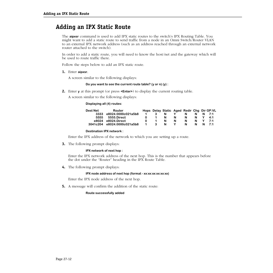 Adding an ipx static route, Adding an ipx static route -12 | Alcatel Carrier Internetworking Solutions Omni Switch/Router User Manual | Page 800 / 1100