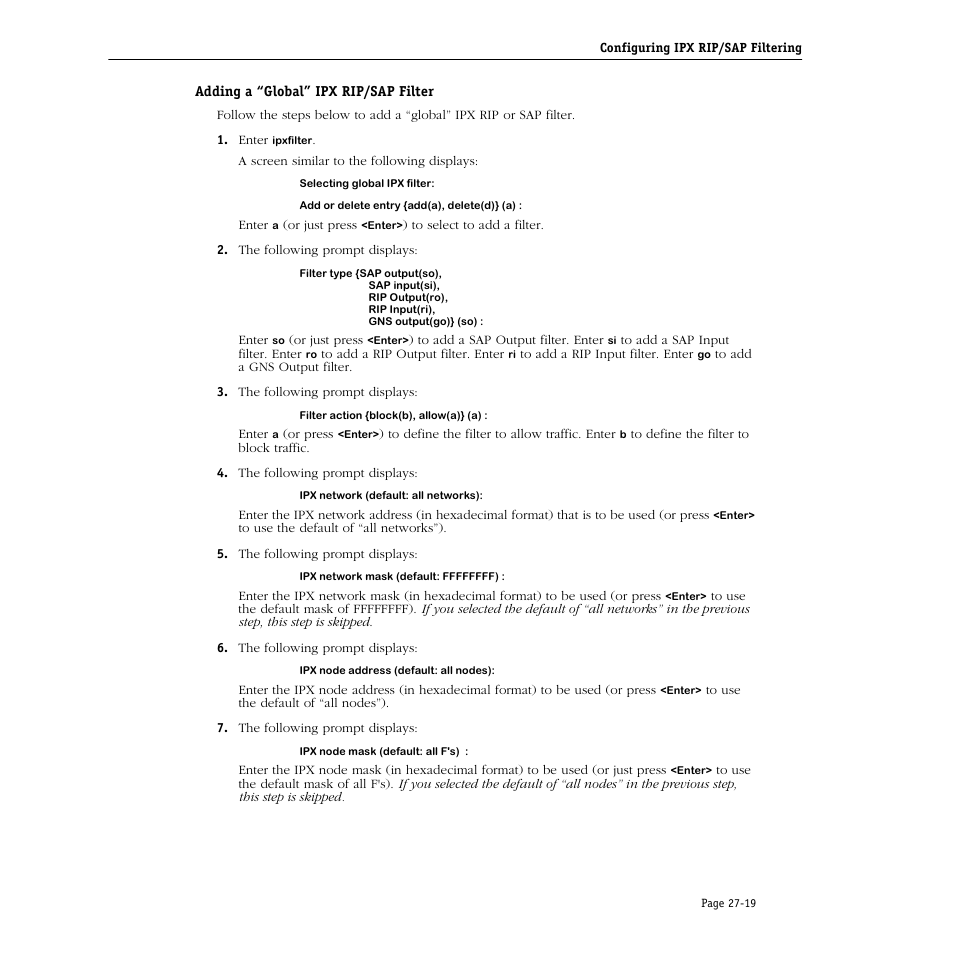 Adding a “global” ipx rip/sap filter, Adding a “global” ipx rip/sap filter -19 | Alcatel Carrier Internetworking Solutions Omni Switch/Router User Manual | Page 807 / 1100