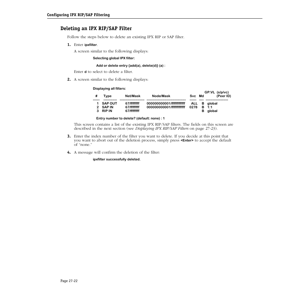 Deleting an ipx rip/sap filter, Deleting an ipx rip/sap filter -22 | Alcatel Carrier Internetworking Solutions Omni Switch/Router User Manual | Page 810 / 1100