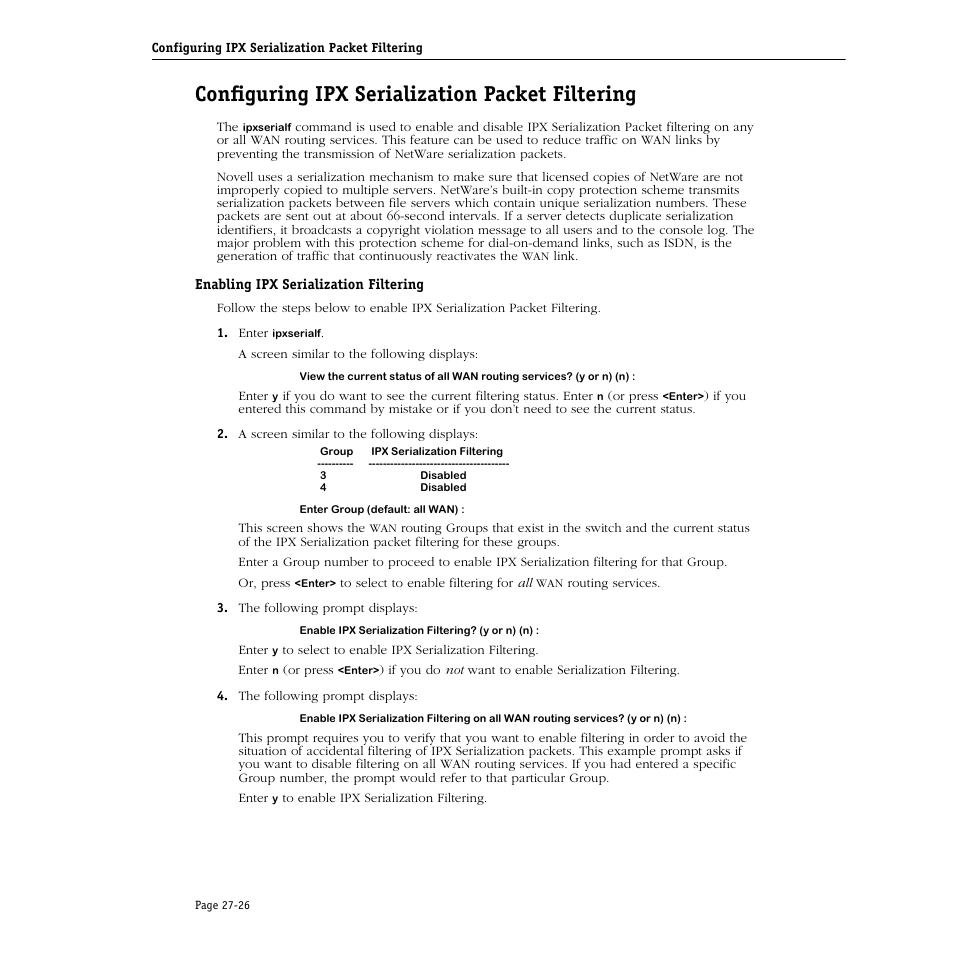 Configuring ipx serialization packet filtering, Enabling ipx serialization filtering, Configuring ipx serialization packet filtering -26 | Enabling ipx serialization filtering -26 | Alcatel Carrier Internetworking Solutions Omni Switch/Router User Manual | Page 814 / 1100