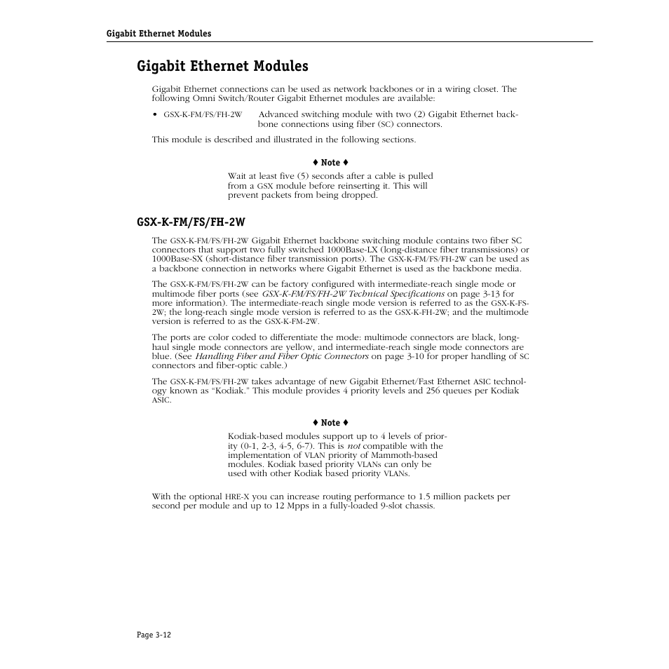 Gigabit ethernet modules, Gsx-k-fm/fs/fh-2w, Gigabit ethernet modules -12 | Gsx-k-fm/fs/fh-2w -12 | Alcatel Carrier Internetworking Solutions Omni Switch/Router User Manual | Page 82 / 1100
