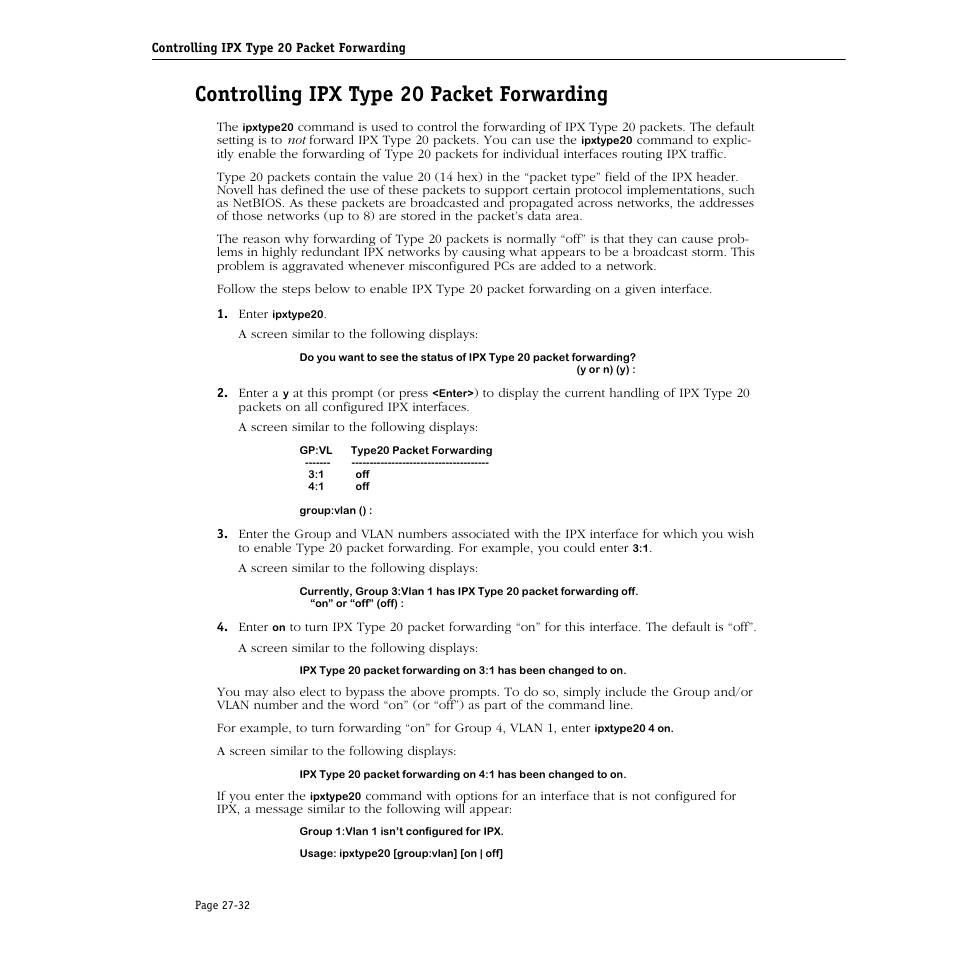 Controlling ipx type 20 packet forwarding, Controlling ipx type 20 packet forwarding -32 | Alcatel Carrier Internetworking Solutions Omni Switch/Router User Manual | Page 820 / 1100