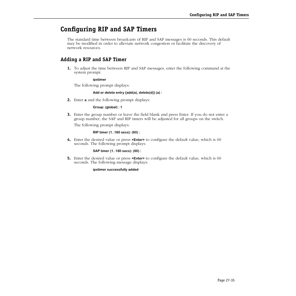 Configuring rip and sap timers, Adding a rip and sap timer, Configuring rip and sap timers -35 | Adding a rip and sap timer -35 | Alcatel Carrier Internetworking Solutions Omni Switch/Router User Manual | Page 823 / 1100