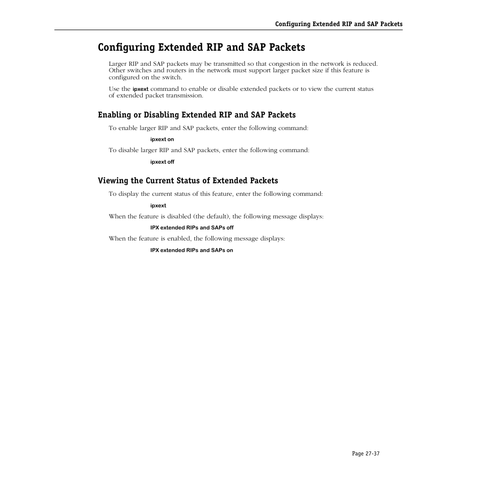 Configuring extended rip and sap packets, Enabling or disabling extended rip and sap packets, Viewing the current status of extended packets | Configuring extended rip and sap packets -37 | Alcatel Carrier Internetworking Solutions Omni Switch/Router User Manual | Page 825 / 1100