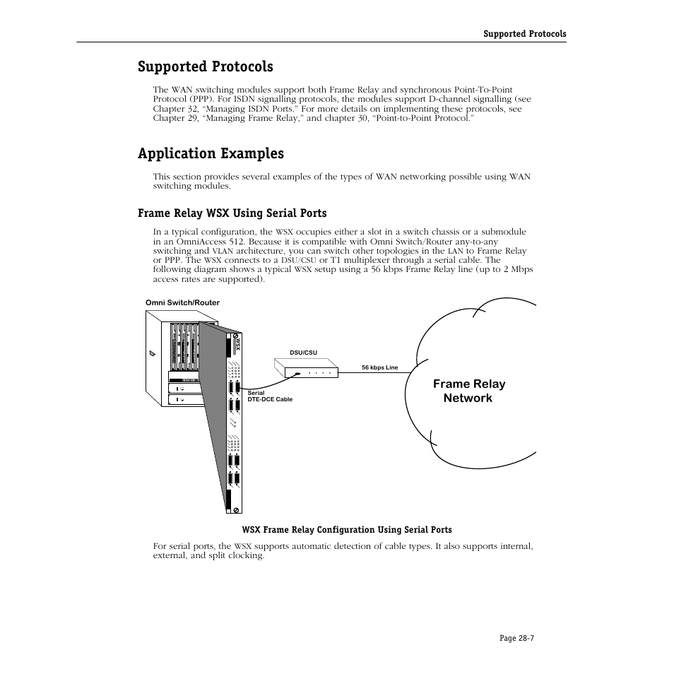 Supported protocols, Application examples, Frame relay wsx using serial ports | Supported protocols -7, Application examples -7, Frame relay wsx using serial ports -7 | Alcatel Carrier Internetworking Solutions Omni Switch/Router User Manual | Page 833 / 1100