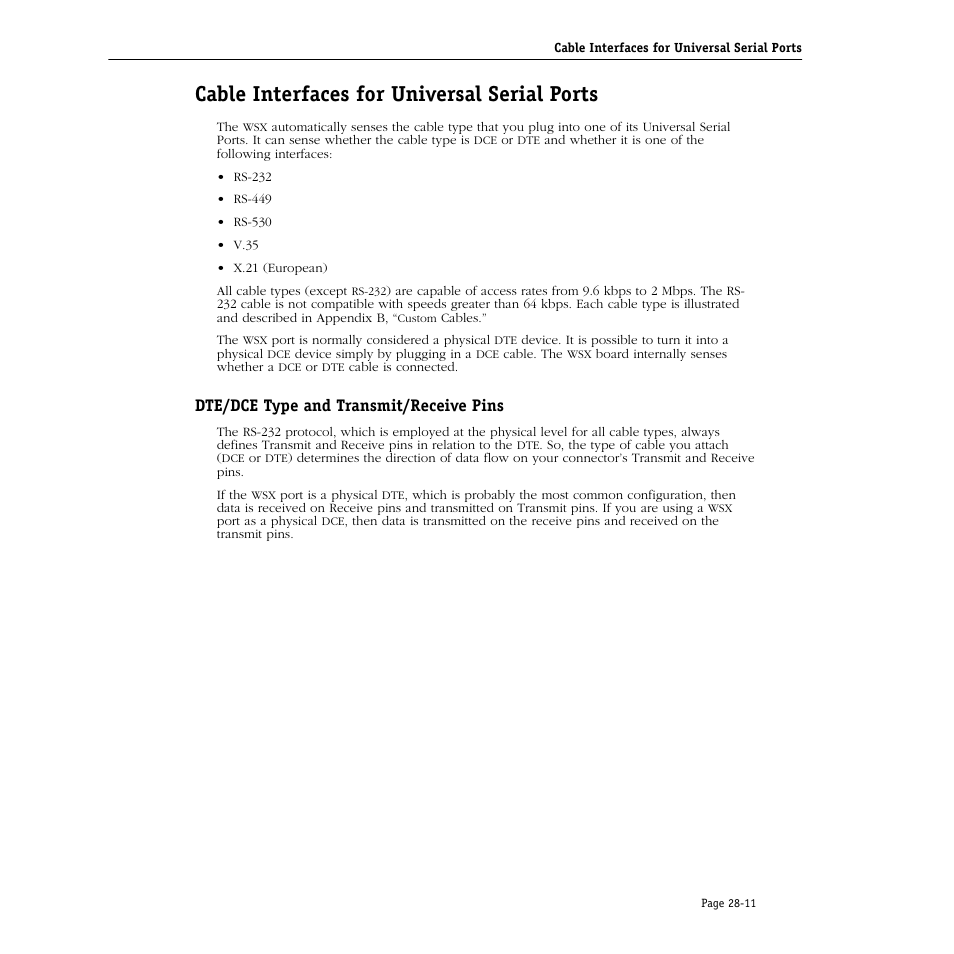 Cable interfaces for universal serial ports, Dte/dce type and transmit/receive pins, Cable interfaces for universal serial ports -11 | Dte/dce type and transmit/receive pins -11 | Alcatel Carrier Internetworking Solutions Omni Switch/Router User Manual | Page 837 / 1100