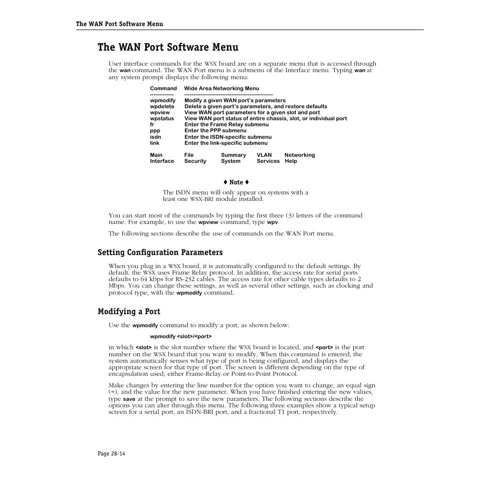 The wan port software menu, Setting configuration parameters, Modifying a port | The wan port software menu -14 | Alcatel Carrier Internetworking Solutions Omni Switch/Router User Manual | Page 840 / 1100
