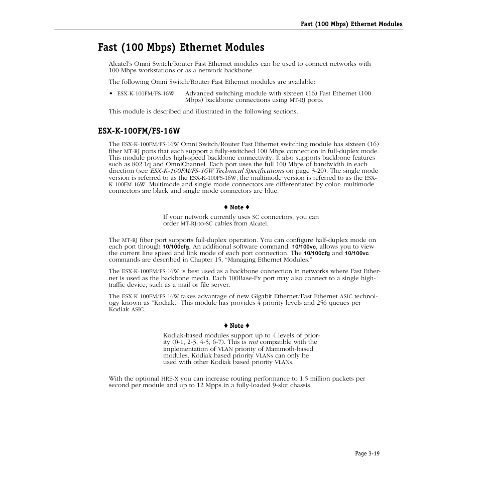 Fast (100 mbps) ethernet modules, Esx-k-100fm/fs-16w, Fast (100 mbps) ethernet modules -19 | Esx-k-100fm/fs-16w -19 | Alcatel Carrier Internetworking Solutions Omni Switch/Router User Manual | Page 89 / 1100