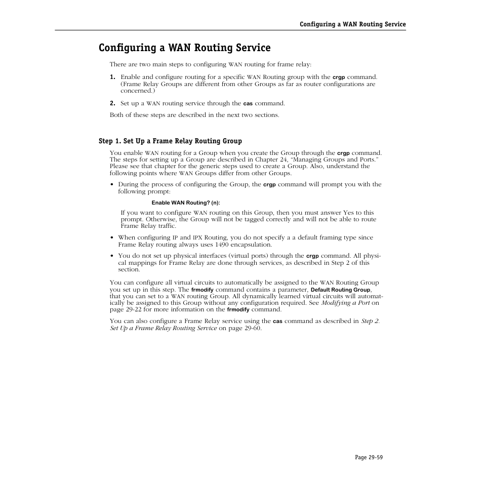 Configuring a wan routing service, Step 1. set up a frame relay routing group, Configuring a wan routing service -59 | Step 1. set up a frame relay routing group -59 | Alcatel Carrier Internetworking Solutions Omni Switch/Router User Manual | Page 931 / 1100