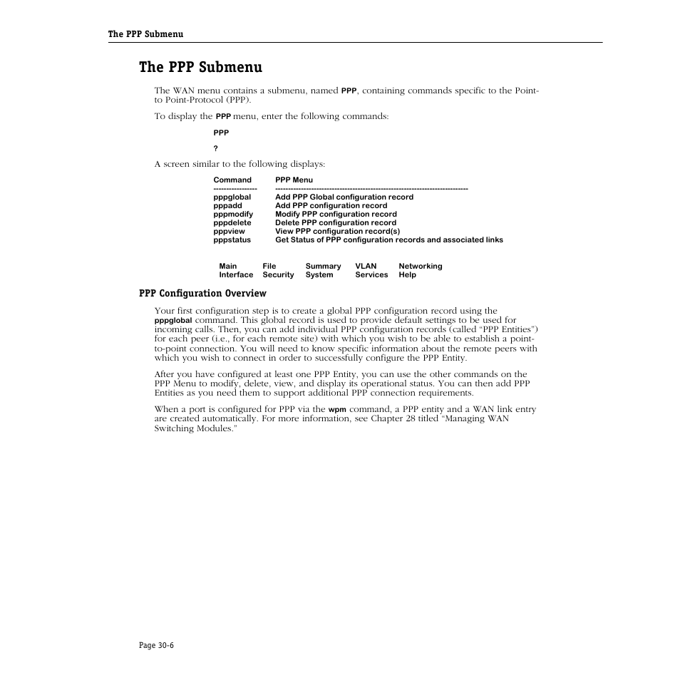 The ppp submenu, Ppp configuration overview, The ppp submenu -6 | Ppp configuration overview -6 | Alcatel Carrier Internetworking Solutions Omni Switch/Router User Manual | Page 944 / 1100
