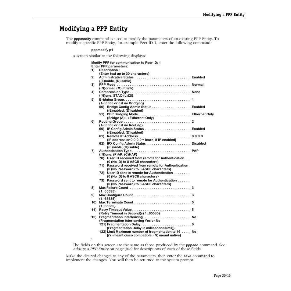 Modifying a ppp entity, Modifying a ppp entity -15 | Alcatel Carrier Internetworking Solutions Omni Switch/Router User Manual | Page 953 / 1100