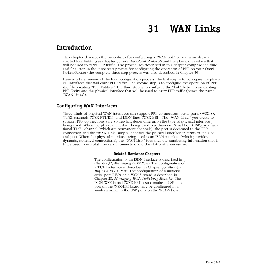 Wan links, Introduction, Configuring wan interfaces | 31 wan links, Introduction -1, Configuring wan interfaces -1 | Alcatel Carrier Internetworking Solutions Omni Switch/Router User Manual | Page 961 / 1100