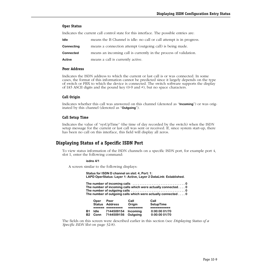 Displaying status of a specific isdn port, Displaying status of a specific isdn port -9 | Alcatel Carrier Internetworking Solutions Omni Switch/Router User Manual | Page 987 / 1100