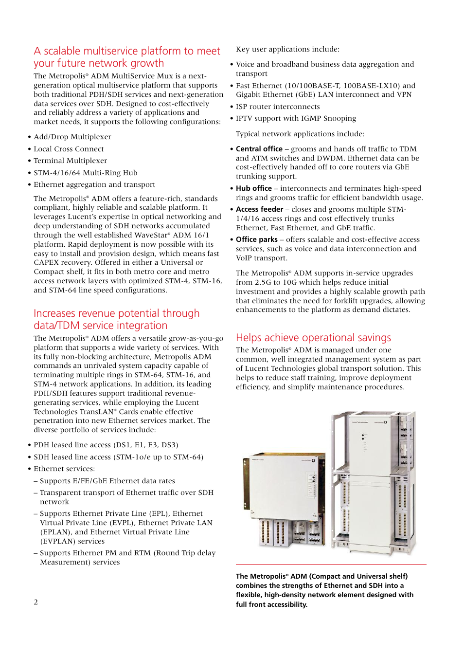 Helps achieve operational savings | Alcatel Carrier Internetworking Solutions ADM MultiService Mux Metropolis User Manual | Page 2 / 4