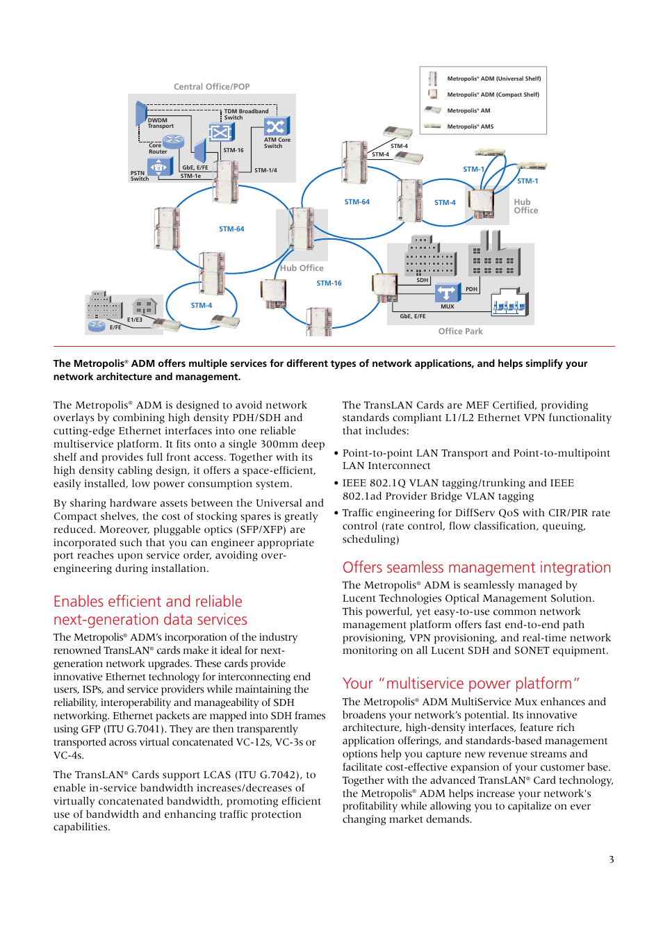 Offers seamless management integration, Your “multiservice power platform, 3the metropolis | The metropolis, Card technology, the metropolis | Alcatel Carrier Internetworking Solutions ADM MultiService Mux Metropolis User Manual | Page 3 / 4