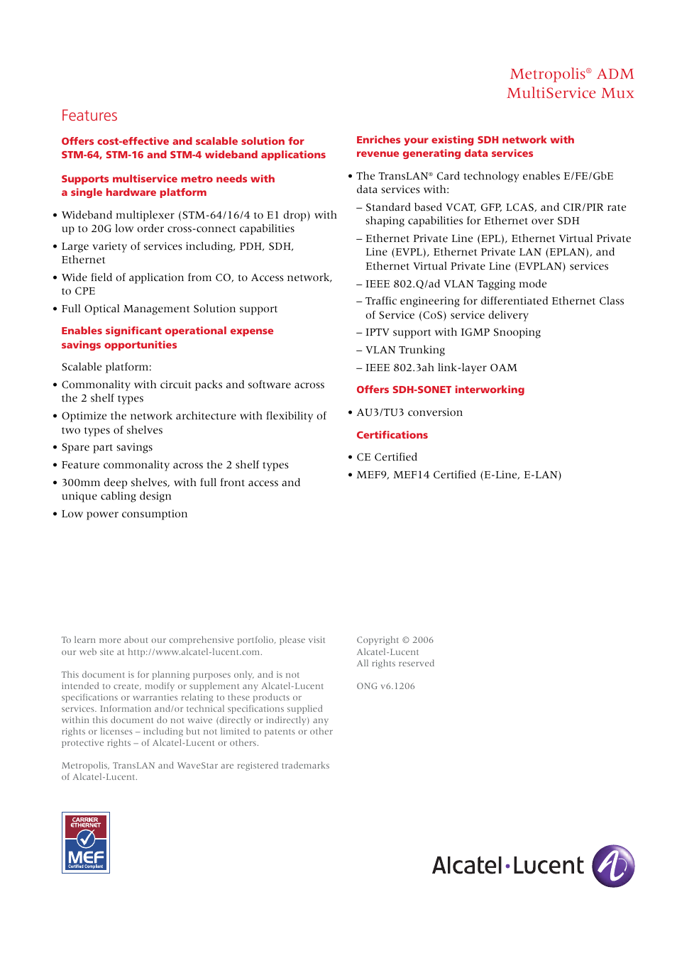 Metropolis, Adm multiservice mux features | Alcatel Carrier Internetworking Solutions ADM MultiService Mux Metropolis User Manual | Page 4 / 4