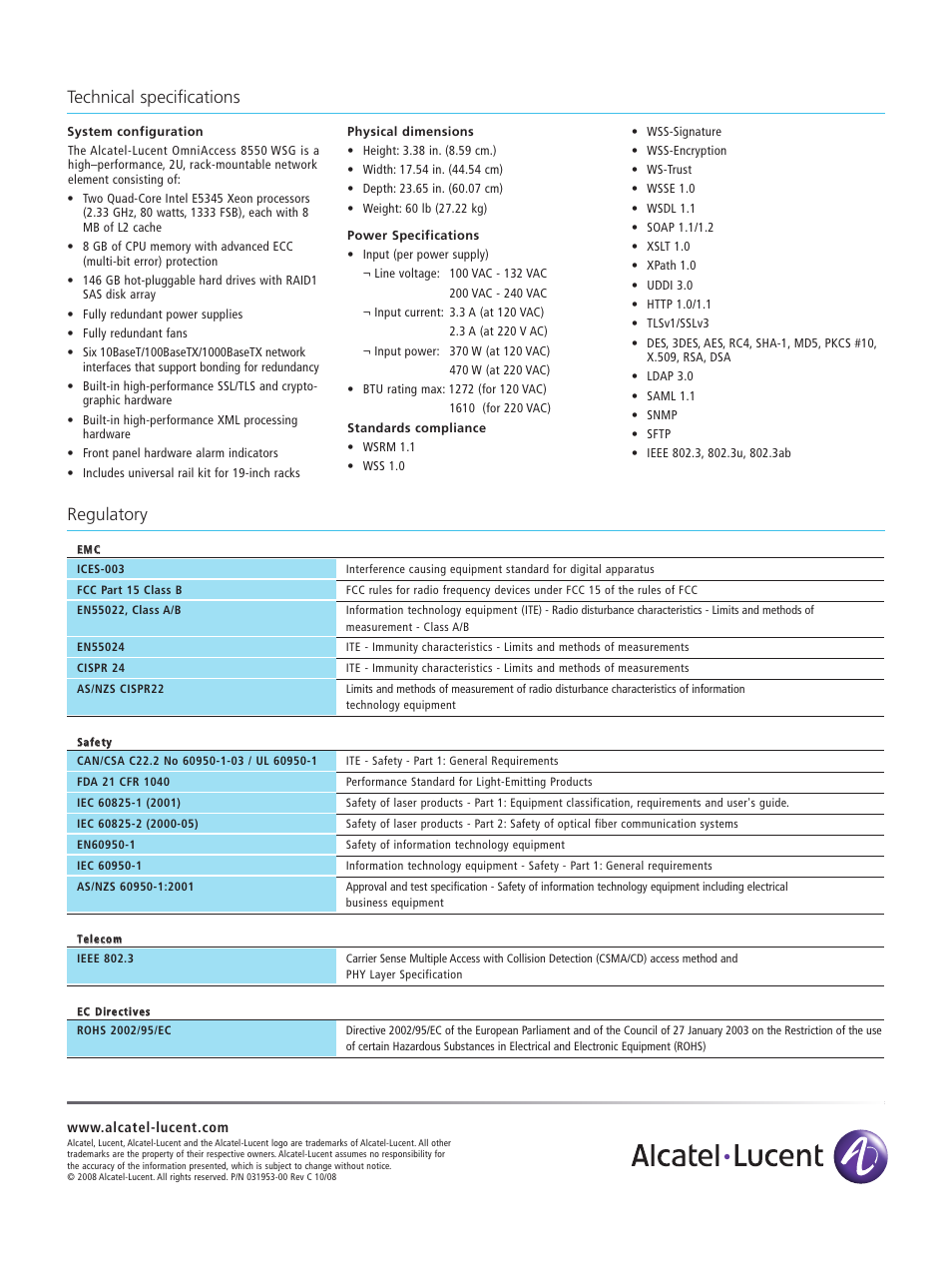 Regulatory, Technical specifications | Alcatel Carrier Internetworking Solutions Web Services Gateway OmniAccess 8550 User Manual | Page 4 / 4