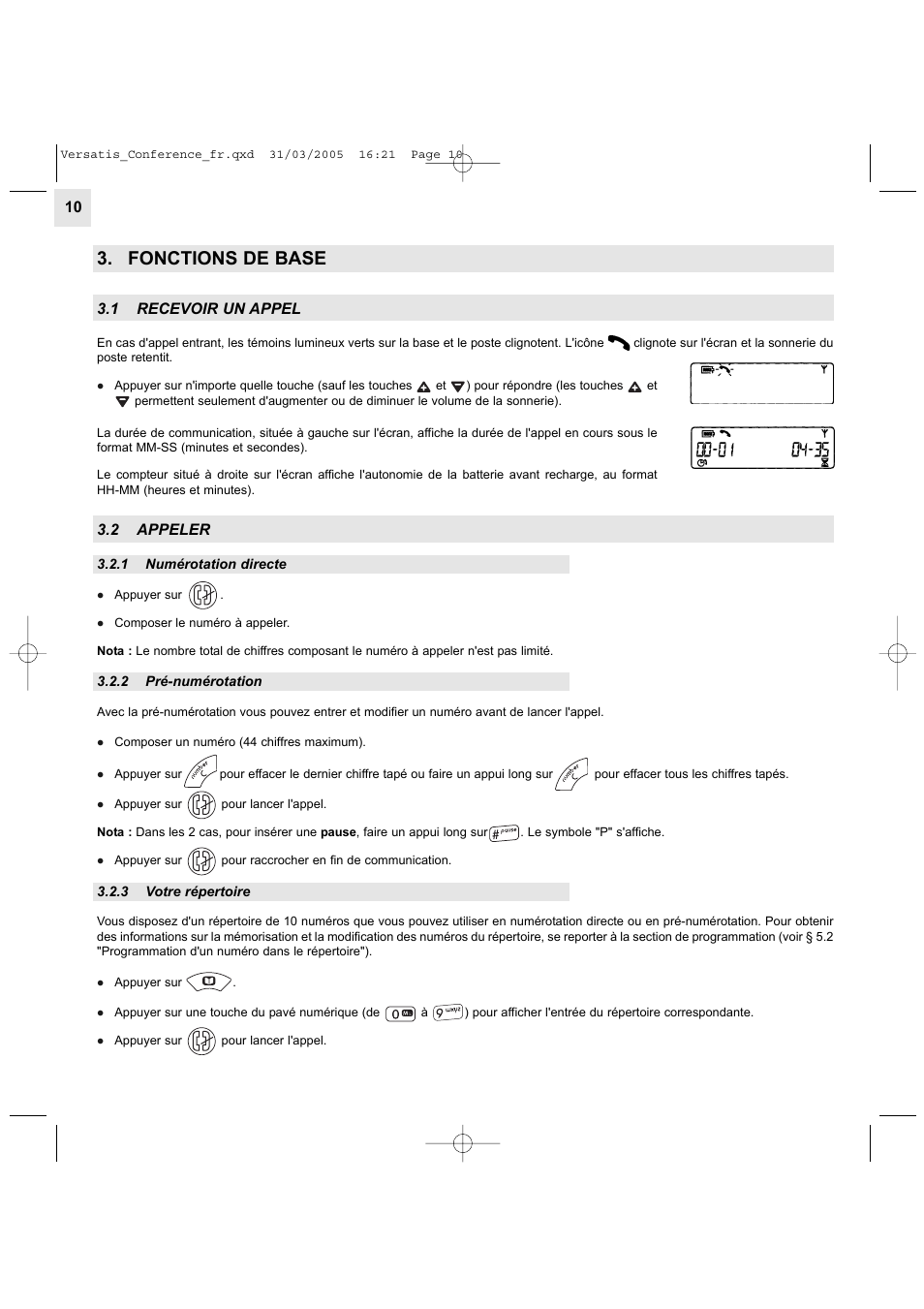 Fonctions de base, 1 recevoir un appel, 2 appeler | Alcatel Carrier Internetworking Solutions Versatis Conference Phone User Manual | Page 10 / 144