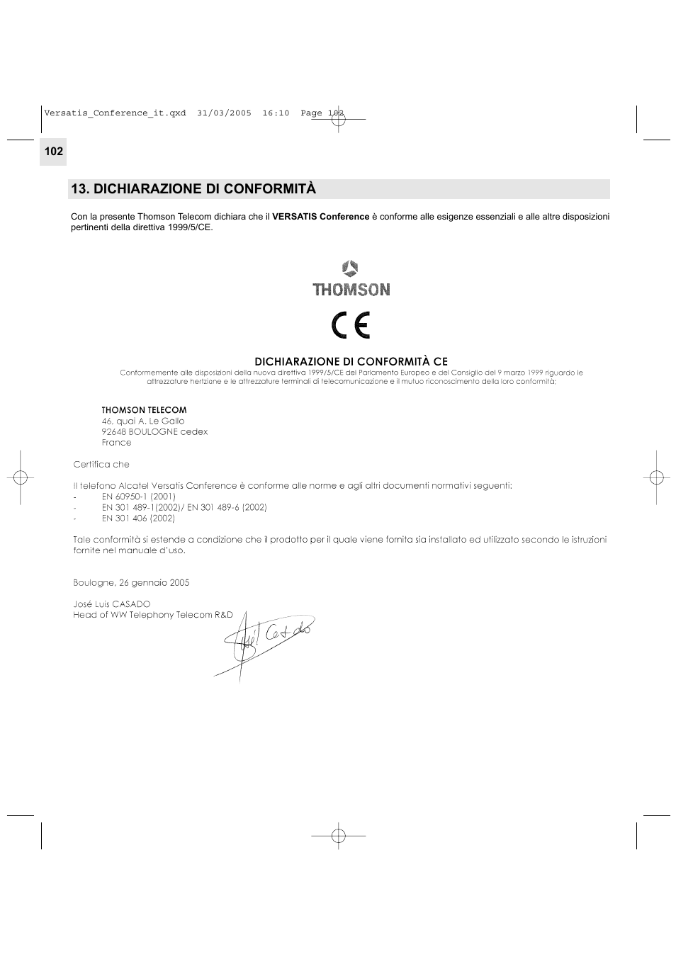 Dichiarazione di conformità | Alcatel Carrier Internetworking Solutions Versatis Conference Phone User Manual | Page 102 / 144