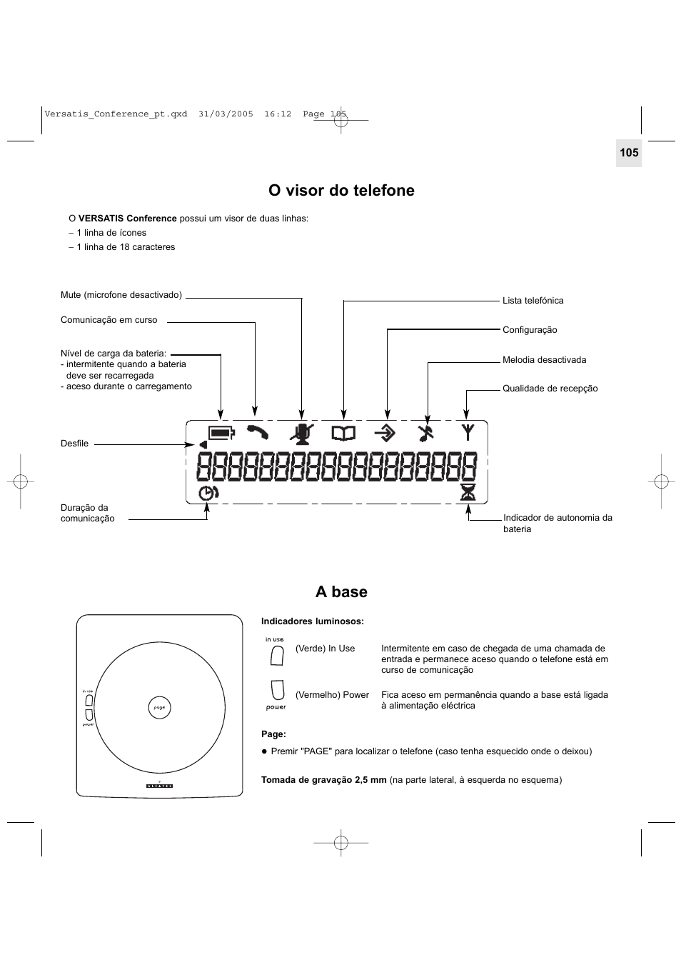 O visor do telefone, A base | Alcatel Carrier Internetworking Solutions Versatis Conference Phone User Manual | Page 105 / 144