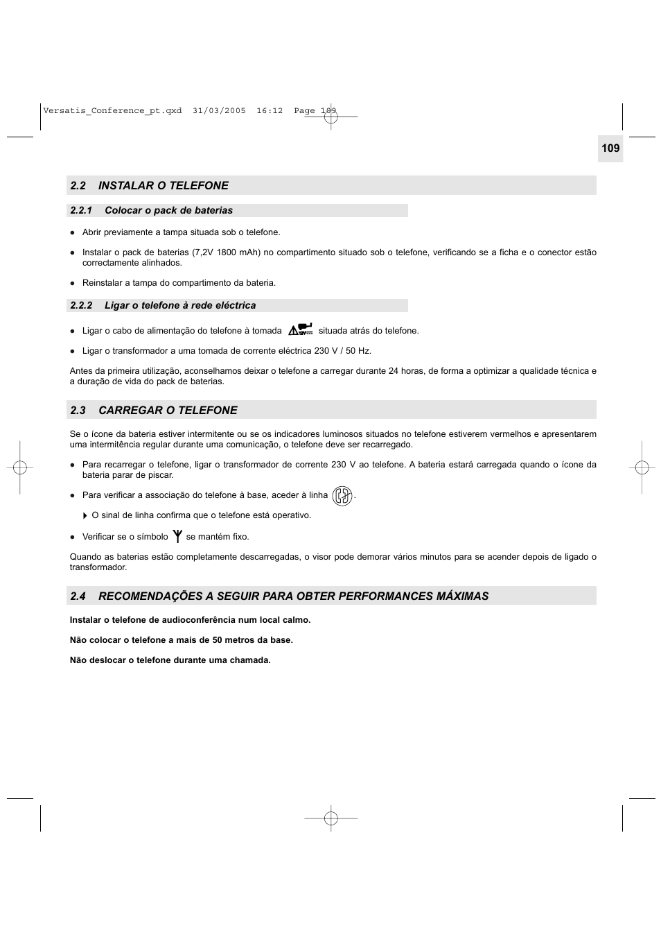 2 instalar o telefone, 3 carregar o telefone | Alcatel Carrier Internetworking Solutions Versatis Conference Phone User Manual | Page 109 / 144