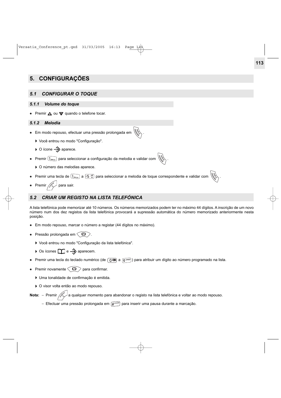 Configurações, 1 configurar o toque, 2 criar um registo na lista telefónica | Alcatel Carrier Internetworking Solutions Versatis Conference Phone User Manual | Page 113 / 144