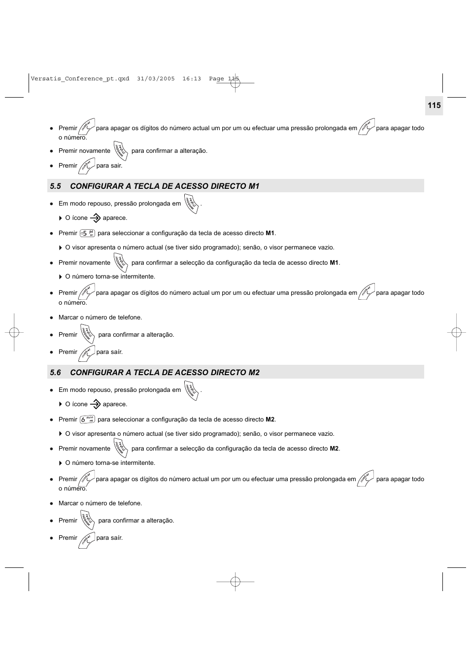 5 configurar a tecla de acesso directo m1, 6 configurar a tecla de acesso directo m2 | Alcatel Carrier Internetworking Solutions Versatis Conference Phone User Manual | Page 115 / 144