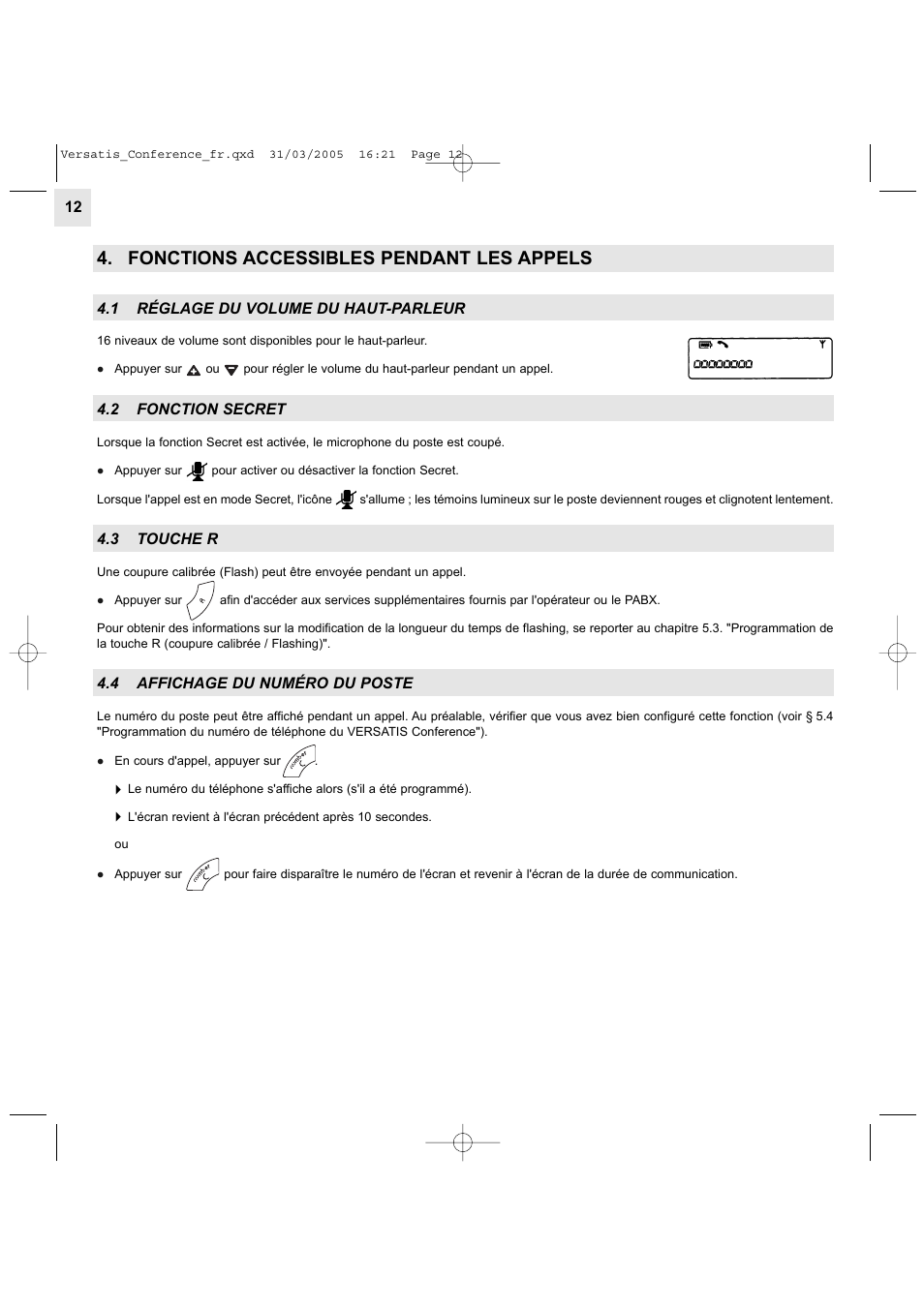 Fonctions accessibles pendant les appels | Alcatel Carrier Internetworking Solutions Versatis Conference Phone User Manual | Page 12 / 144