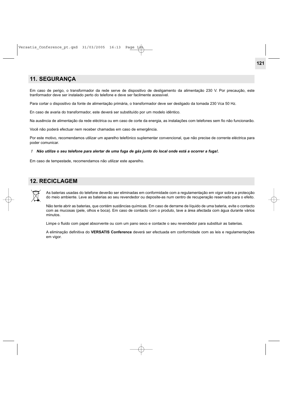 Segurança, Reciclagem | Alcatel Carrier Internetworking Solutions Versatis Conference Phone User Manual | Page 121 / 144