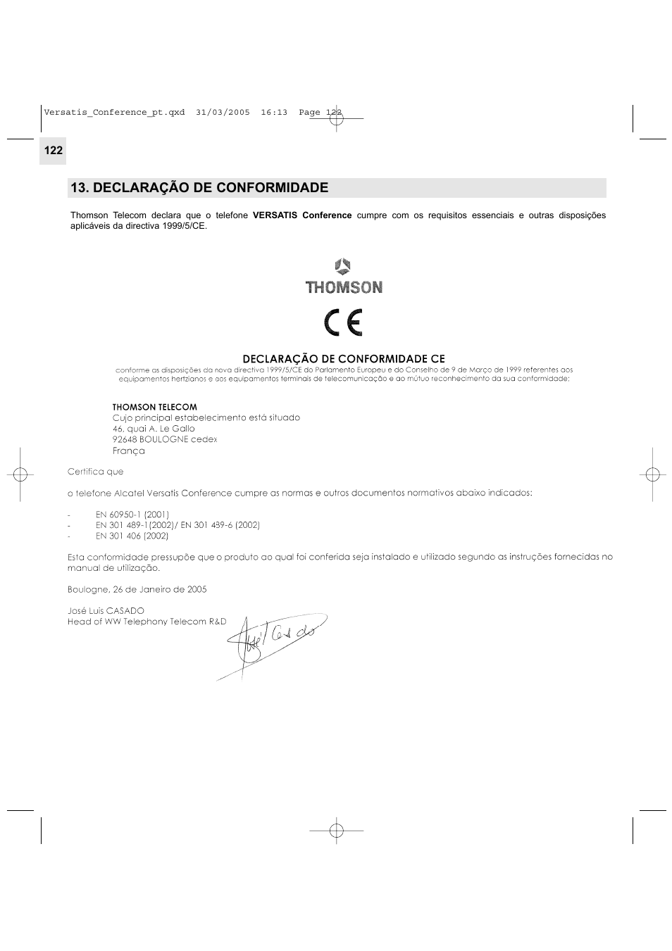 Declaração de conformidade | Alcatel Carrier Internetworking Solutions Versatis Conference Phone User Manual | Page 122 / 144