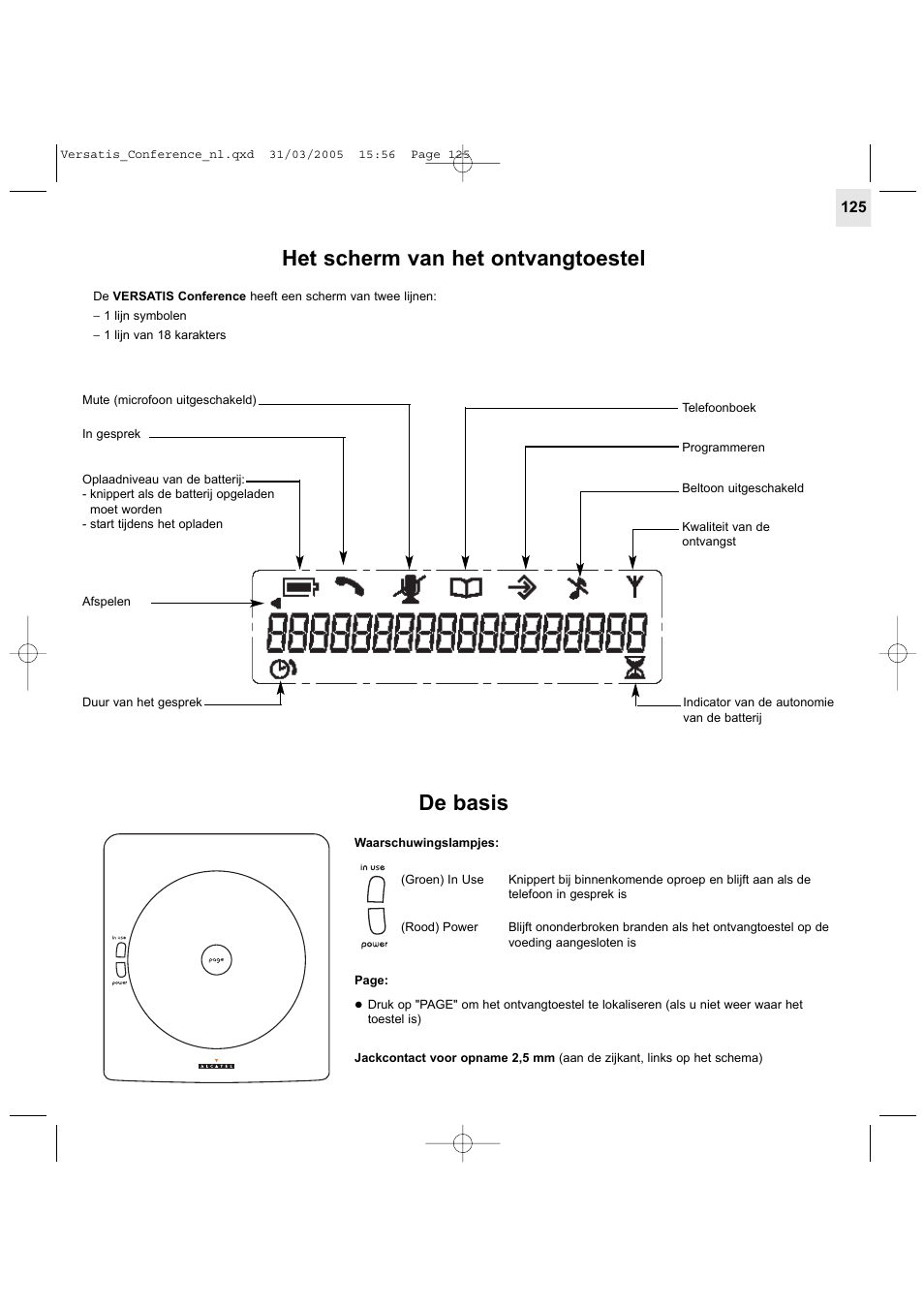 Het scherm van het ontvangtoestel, De basis | Alcatel Carrier Internetworking Solutions Versatis Conference Phone User Manual | Page 125 / 144