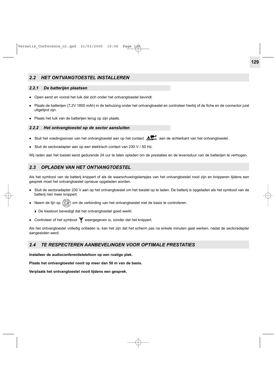 2 het ontvangtoestel installeren, 3 opladen van het ontvangtoestel | Alcatel Carrier Internetworking Solutions Versatis Conference Phone User Manual | Page 129 / 144