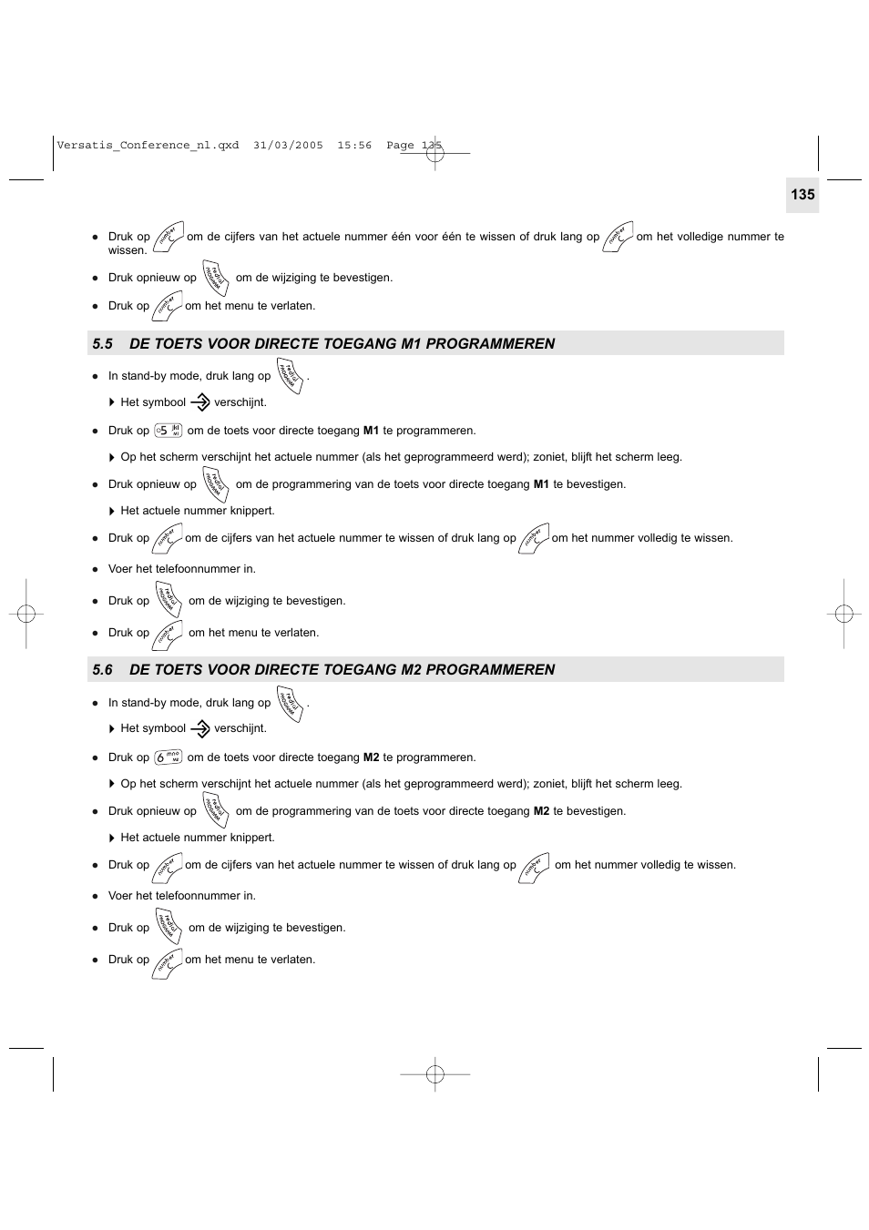 5 de toets voor directe toegang m1 programmeren, 6 de toets voor directe toegang m2 programmeren | Alcatel Carrier Internetworking Solutions Versatis Conference Phone User Manual | Page 135 / 144