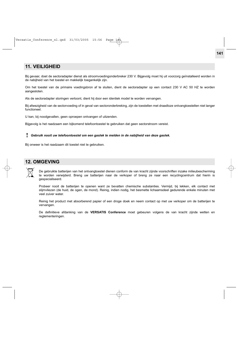 Veiligheid, Omgeving | Alcatel Carrier Internetworking Solutions Versatis Conference Phone User Manual | Page 141 / 144