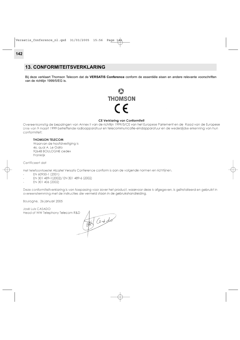 Conformiteitsverklaring | Alcatel Carrier Internetworking Solutions Versatis Conference Phone User Manual | Page 142 / 144