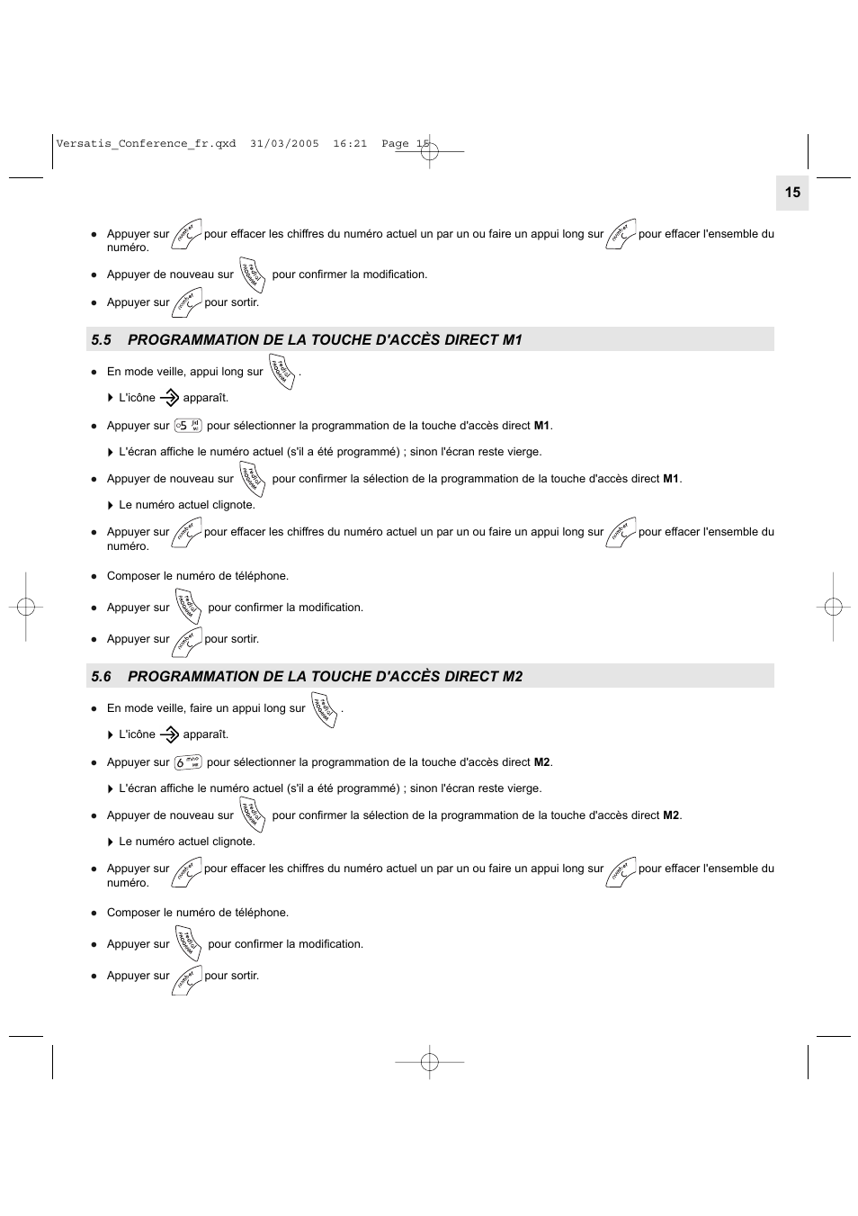 5 programmation de la touche d'accès direct m1, 6 programmation de la touche d'accès direct m2 | Alcatel Carrier Internetworking Solutions Versatis Conference Phone User Manual | Page 15 / 144