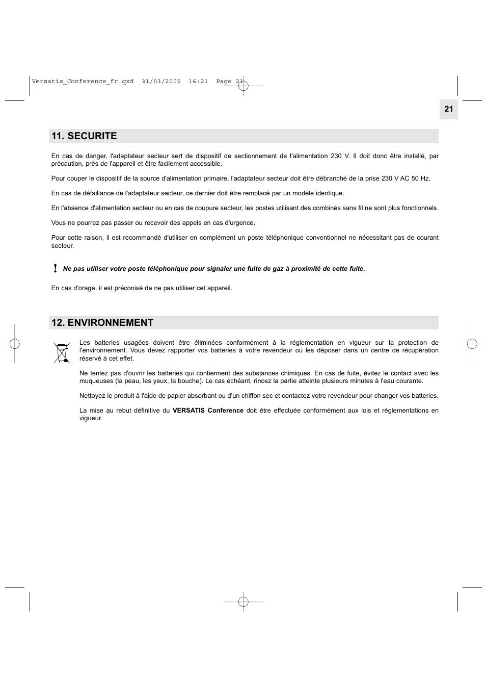 Securite, Environnement | Alcatel Carrier Internetworking Solutions Versatis Conference Phone User Manual | Page 21 / 144