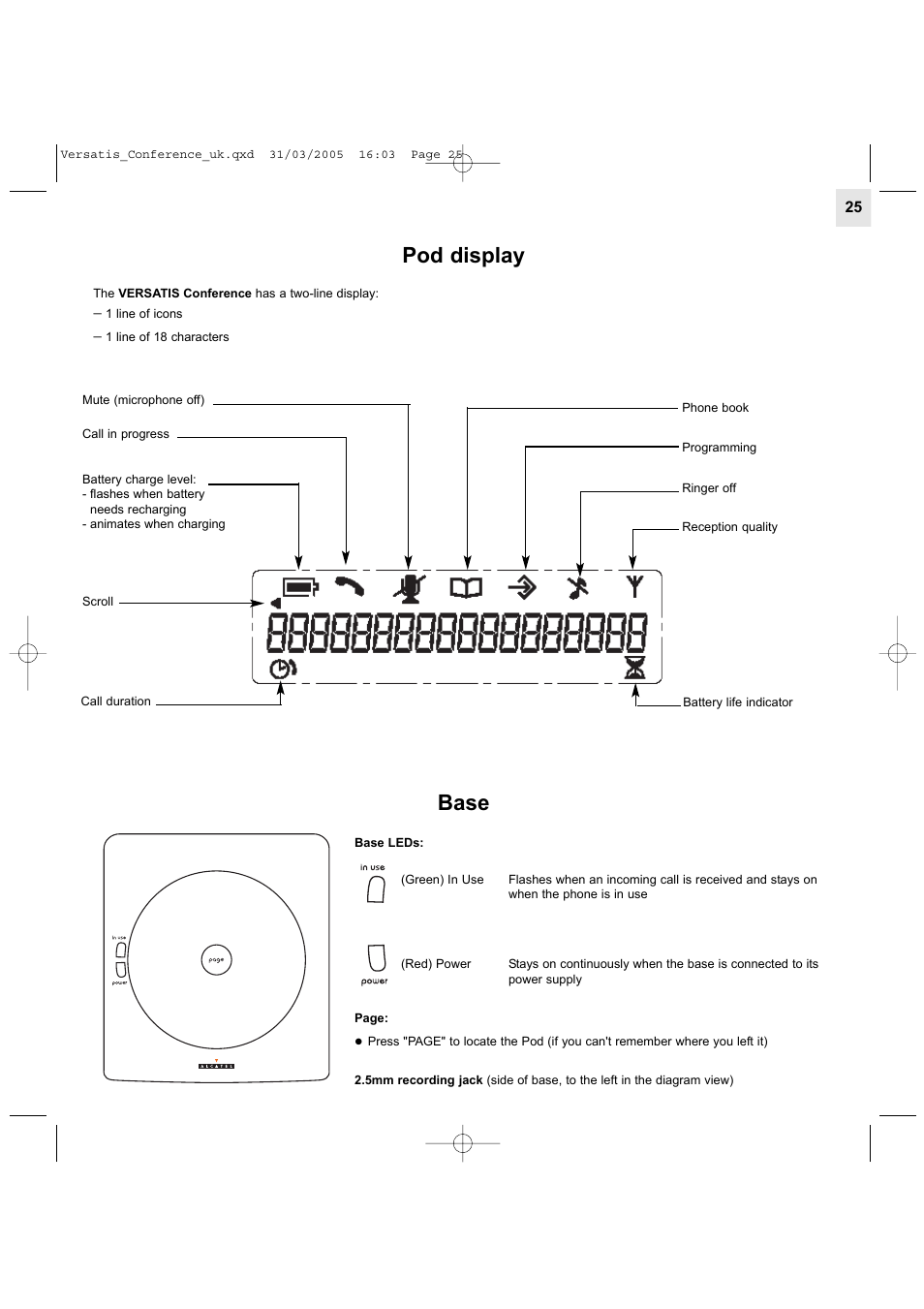 Pod display, Base | Alcatel Carrier Internetworking Solutions Versatis Conference Phone User Manual | Page 25 / 144